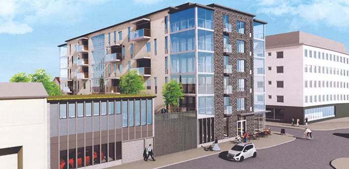 Vinnade förslag för bebyggelse i kvarteret Bryssel i centrala Örnsköldsvik, vy från Lasarettsgatan.