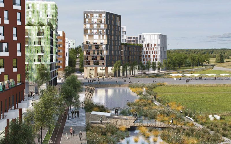 Stad möter natur med en kaj mot det gröna och landningsbanan som aktivitetsyta. Barkarbystaden, Järfälla. Visionsbild 2030.