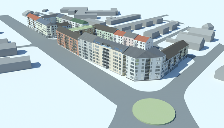 Längs Tegsvägen planeras för cirka 250 nya lägenheter. Detaljplanen för området har antagits av byggnadsnämnden. Illustration Arkinova.
