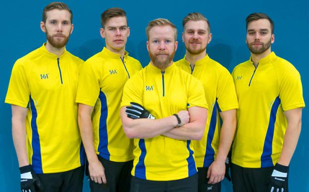 Sveriges VM-lag herrar 2018, fr.v: Henrik Leek (reserv), Christoffer Sundgren, Niklas Edin, Rasmus Wranå och Oskar Eriksson. Foto © WCF