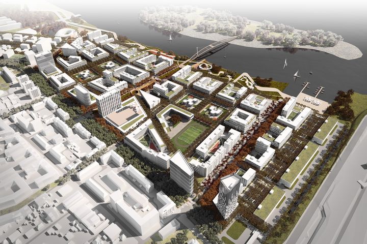 Vision för ny blandad bebyggelse vid Dnjeprs strand med bostäder, kontor och service i Ukrainas andra stad Dnipro. Arkitekt: Filimonov & Kashirina 2023.