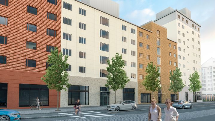 70 nya bostadsrätter, med planerad säljstart 2024/25,  utvecklas i simhallskvarteret i Partille Port. Illustration: Norconsult.