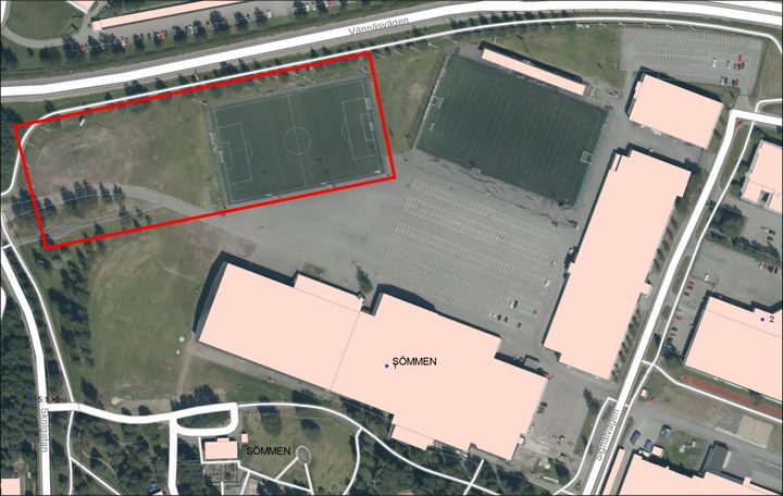 Planerad placering av ny fotbollshall och multihall på Noliaområdet.