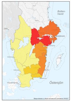 Sörmland och Örebro är väst drabbat, visar årets inventering. Ju rödare, desto värre angrepp. Grafik: Skogsstyrelsen