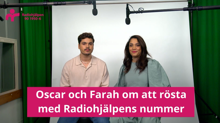 Oscar Zia och Farah Abadi är programledare i Melodifestivalen och har gjort årets appeller för Radiohjälpen.  Foto: SVT/Henrik Hasselbom