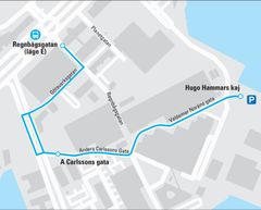 Bussarna kör på Lindolmen, mellan hållplatserna Regnbågsgatan och Hugo Hammars kaj.