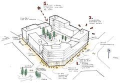En första skiss på hur Åke Sundvall planerar att utveckla kvarteret mittemot tunnelbanestationen i Barkarbystaden. (Visionsbild: DinellJohansson.)