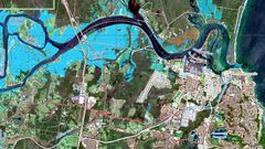 Översvämning, norra New South Wales, sett från satellit. EU/Copernicus EMS