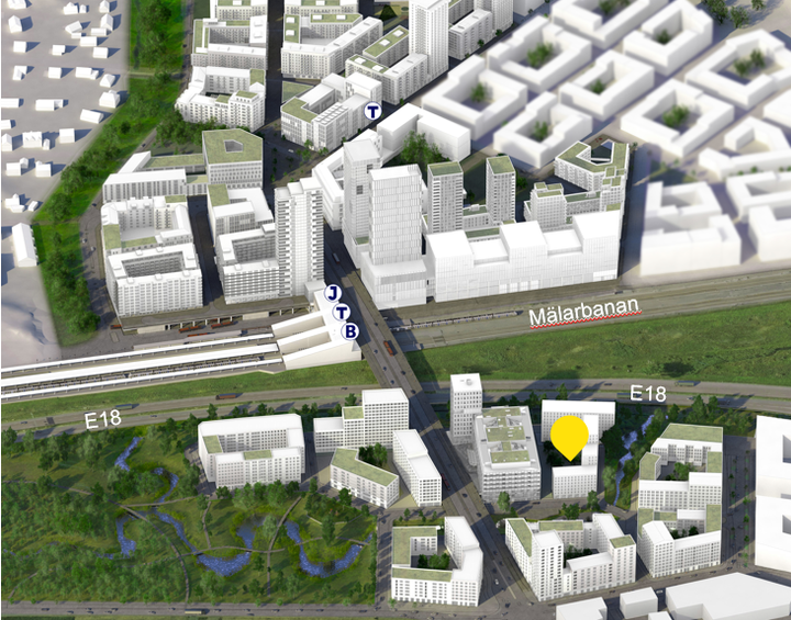 FFAB:s kvarter har ett tillgängligt läge vid E18 och den nya framväxande noden för kollektivtrafik. Närmast E18 planerar FFAB för kontor och mot parken och å-fåran blir det bostäder i form av bostadsrätter och ägarlägenheter. (Visionsbild: Järfälla kommun/AIX Arkitekter)