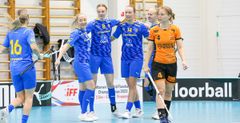 Jonna Stenvall (ryggen mot), Moa Andersson, Ellen Rasmussen, Vilma de Gysser och Cajsa Elm firar ett av Sveriges mål. Foto: Innebandyavisen