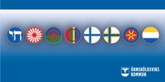 Symbolerna lyfter fram de nationella minoriteternas flerdimensionella identiteter och språkliga varieteter (från vänster): judar/jiddisch, resande och romer/romani chib, samer/samiska, sverigefinnar (både finsk och sverigefinsk symbol)/finska, samt kväner, lantalaiset och tornedalingar/meänkieli.