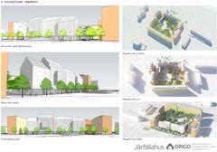 Origo Arkitekters skiss över hur den planerade nybyggnationen Fyra hus kan komma att se ut. Skiss från 2015. Plats: D-området i Jakobsberg.