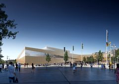 Den bearbetade versionen av nya simhallen har ett mer geometriskt uttryck än ursprungsförslaget från arkitektbyrån 3XN. Foto: 3XN.