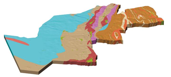 Schematisk 3D-modell av bergarter och deformationszoner
i Göteborgs kommun.
