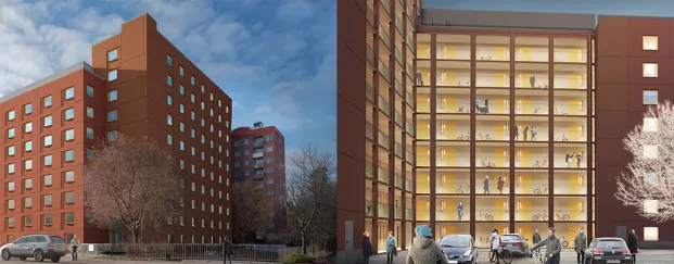 Nya Strix i Solna består av två hus i vinkel. Nu släpps bokningen av första etappen. (Bild: Fidjeland arkitektkontor)