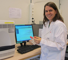 Här kör Sara Frosth ett prov på D. nodosus i en pcr-apparat för att fastställa hur pass sjukdomsframkallande bakterien är. Foto: Sevinc Ferrari/SVA