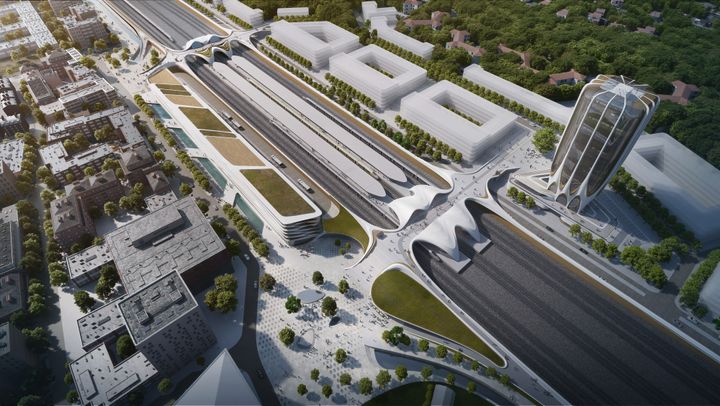 Exempel på hur Väsby Entré skulle kunna gestalta sig när stationsområdet och kringliggande bostadshus är färdigbyggda.Visionsbild: Zaha Hadid Architects