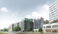 Nya bostadskvarter med upp till 600 bostäder, i anslutning till tunnelbanestationen Södra Hagalund. Bild: BSK Arkitekter