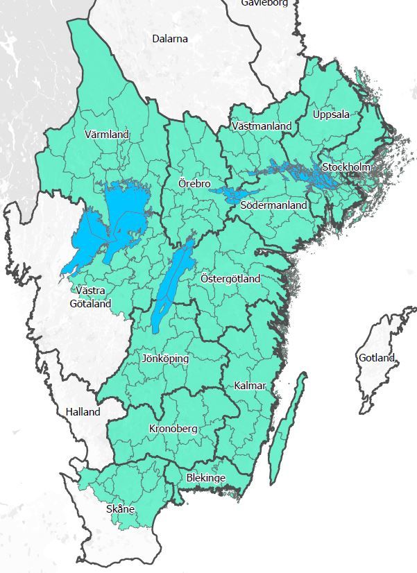 Bekämpningsområdet för granbarkborre omfattar nu stora delar av Götaland och Svealand. Karta: Skogsstyrelsen