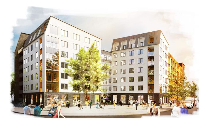 Kvarteret Vapenhuset ska ge 800 nya bostäder, ett torg och trevliga stadsmiljöer. Illustration: Ettelva arkitekter