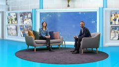 SportExpressen TV:s studio i Expressenhuset under OS, med programledarna Frida Olsson och Fredrik Lennander.