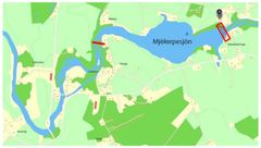 Bild: Svartåfors vattenkraftverk är markerad med en röd fyrkant på kartan. Mjölorpesjön är till vänster om vattenkraftverket på bilden. Vattennivån kommer att sänkas fram till den röda markeringen (Odensfors vattenkraftverk).