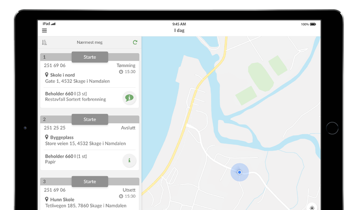 Føreren får informasjon om den optimale kjøreruten via en app og kan se oppdragene sine i et kart.