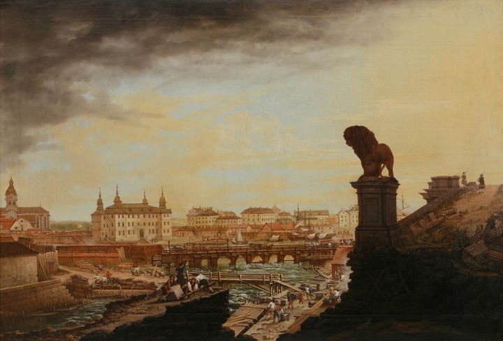 Utsikt från nuvarande Mynttorget över Slaktarhusbron, Blasieholmen och Lejonbacken. Johan Sevenbom, 1767.