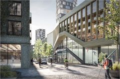 Visionsbild för Veddesta 3 där Serneke planerar att bygga sex kvarter stadsmiljö med bostäder, hotell, kontor, handel, skola och stort fokus på idrottsanläggningar, bland annat Stockholms första skidslinga inomhus. (Visionsbild: Okidoki Arkitekter)