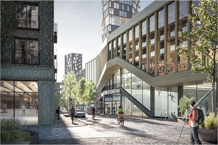 Visionsbild för Veddesta 3 där Serneke planerar att bygga sex kvarter stadsmiljö med bostäder, hotell, kontor, handel, skola och stort fokus på idrottsanläggningar, bland annat Stockholms första skidslinga inomhus. (Visionsbild: Okidoki Arkitekter)