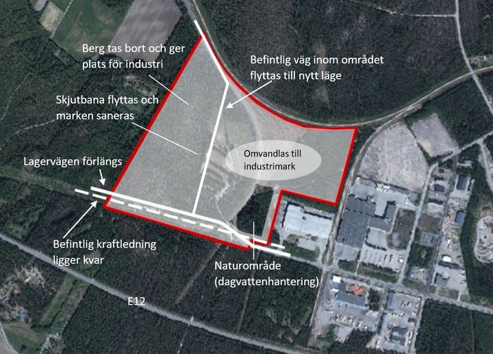 Sammanställning av planens huvuddrag. Ungefärligt planområde ses markerat i rött.