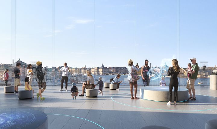 Visionsbild inifrån ett framtida Nobel Center som ska byggas längs Stadsgårdskajen vid Slussen i Stockholm. Illustration: TMRW