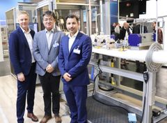 Pictured (left to right) are ACG Nyström Vice-President Thomas Arvidsson, Masanori Awasaki, President of Juki Central Europe and  Christian Moore, CEO of ACG Kinna.