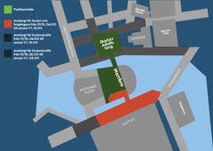 Kartbild över evenemangsområdet på Norrbro och Gustav Adolfs torg, samt trafikavstängningarna runt omkring.
