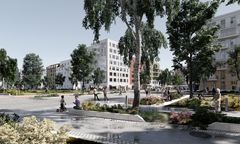 Illustration stadsdelstorget och stadsdelsparken på Norra On. SWMS arkitektur.