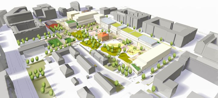 En visionsskiss över området. Uppe till vänster syns Köttinspektionen, som kommer bevaras liksom byggnaden Busstornet i mitten. Illustration: Landskapslaget