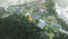 Visionsbild för Tomtebo gård med området som ska markanvisas markerat i rött.