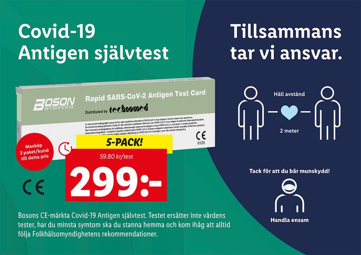 Lidl börjar sälja CE-märkta Covid-19 självtester. Foto: Lidl Sverige