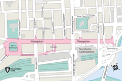 Karta över projektområdet som omfattar Vasagatan, Norra Bantorget, Östra Järnvägsgatan och Vasaplan. Illustration: Stockholms stad