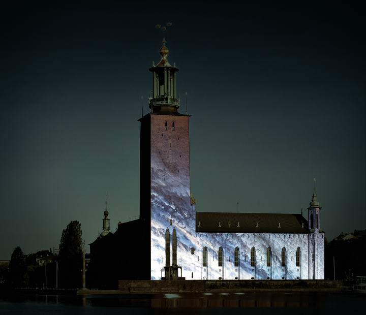Skiss över ljusinstallationen "Space" på Stadshuset som produceras av Lumination of Sweden, PXLFLD och Creative Technology i samarbete med Rymdstyrelsen och European Space Agency.