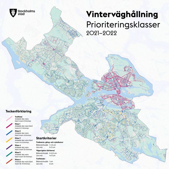 Så prioriteras snöröjningen i Stockholms stad. En högupplöst karta där man kan zooma in till gatunivå finns under Dokument nedan.