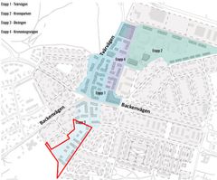 Strukturplan för området vid Marklunds kurva/Kronoparken. Aktuellt planområde markerat i rött. 
Strukturstudien ska ses som ett idéunderlag till planarbetet och är inte beslutad struktur över lämplig exploatering i området.