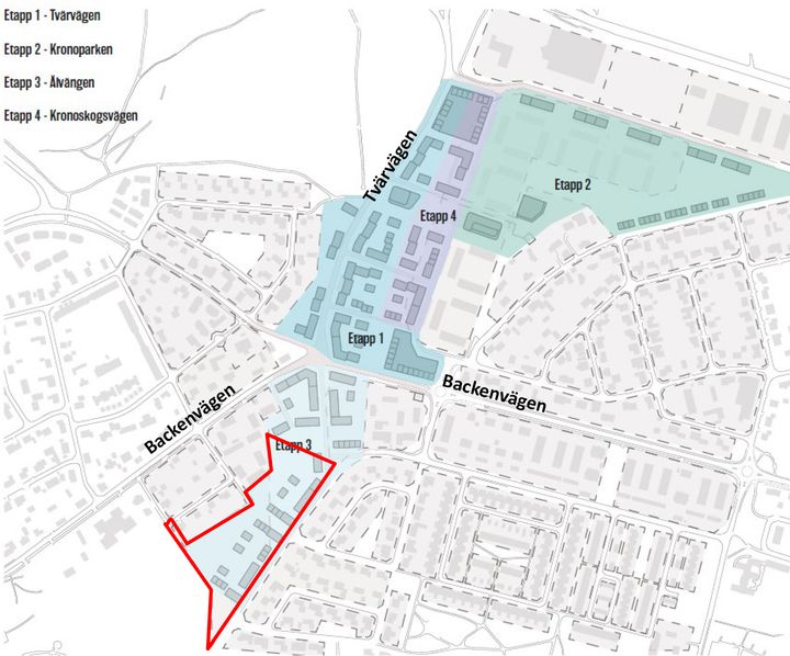 Strukturplan för området vid Marklunds kurva/Kronoparken. Aktuellt planområde markerat i rött. 
Strukturstudien ska ses som ett idéunderlag till planarbetet och är inte beslutad struktur över lämplig exploatering i området.