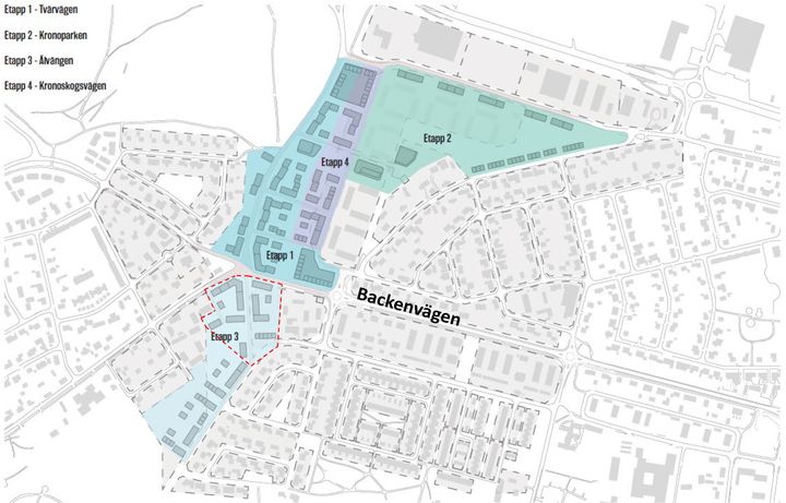 Planbesked har lämnats för ett område vid Marklunds kurva. Planområdet är markerat i rött. Bilden är från en strukturstudie som togs fram 2019.