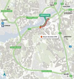 Karta som visar Götatunnelns enkelriktning och de leder som rekommenderas som alternativa vägar.
