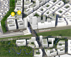 ALM Equity vinner markanvisning för kvarter 5 och Storstaden Bostad vinner kvarter 6. Kvarteren ligger i ett strategiskt läge vid den nya noden för kollektivtrafik som växer fram i Barkarby. 2026, när noden står klar med tunnelbana, pendeltåg, buss, regional- och fjärrtåg i direkt anslutning till varandra, kommer Barkarby att vara en central stadskärna i regionen och binda samman Stockholm och Mälardalen på ett helt nytt sätt. (Visionsbild: AIX Arkitekter)