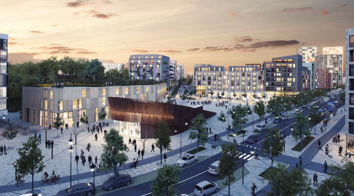 Visionsbild över torg och tunnelbaneuppgång i Barkarbystaden IV där Järfällahus ska bygga 200 hyresrätter. (Tovatt 2018).