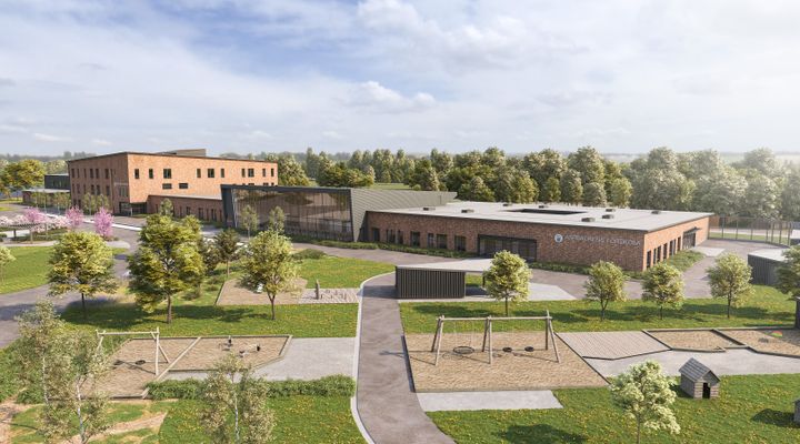 Så här kommer det att se ut när Tingvallaskolan och Aspbackens förskola är färdigbyggda sensommaren 2022.
