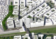 Vy mot den nya kollektivtrafiknoden, Veddestabron och den nya stadsmiljö som ska utvecklas i Barkarby. (Visionsbild: AIX Arkitekter/Järfälla kommun)
