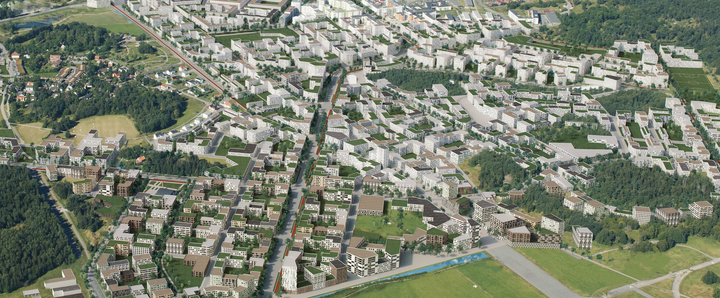 Visionsbild över delar av framväxande  Barkarbystaden. (Tovatt Architects & Planners)